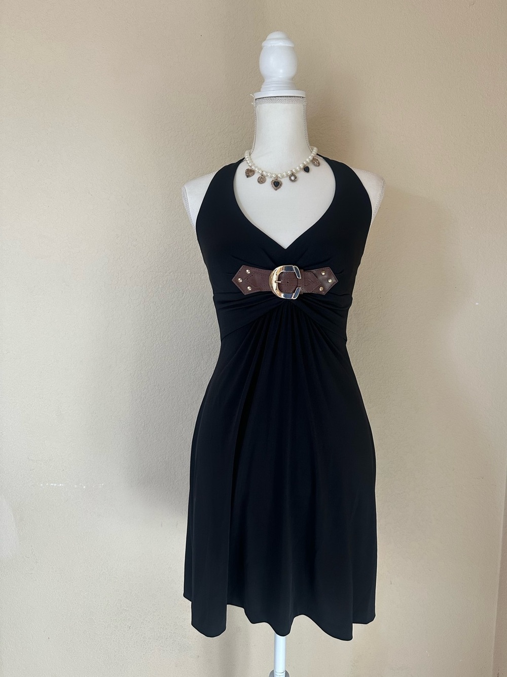 Caché Y2K Black Bodycon Halter Dress Brown Leather Buckle M 90s Goth Cocktail